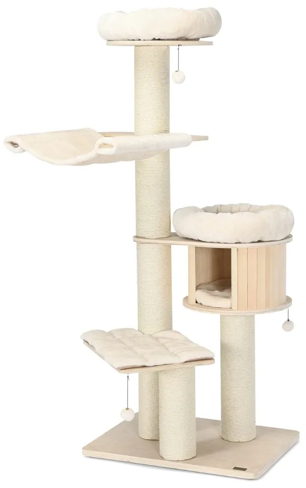 Arranhador para gatos com 4 postes de arranhar Plataforma de sisal Centro de actividades em pelúcia para gatos 75 x 56 x 174 cm Natural