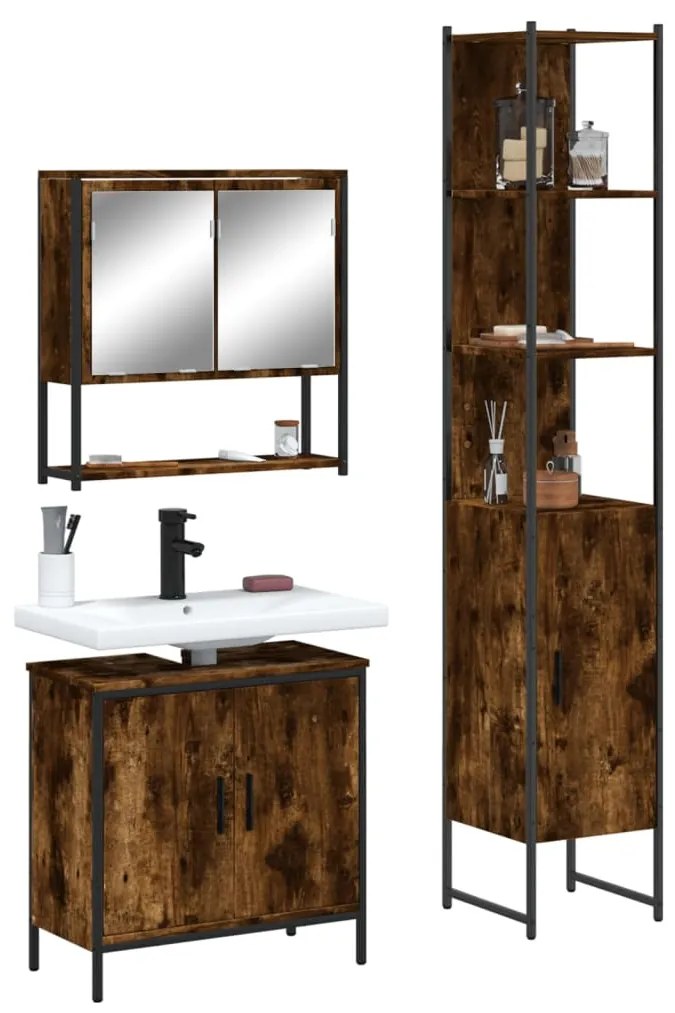 vidaXL 3 pcs conjunto de móveis WC madeira processada carvalho fumado