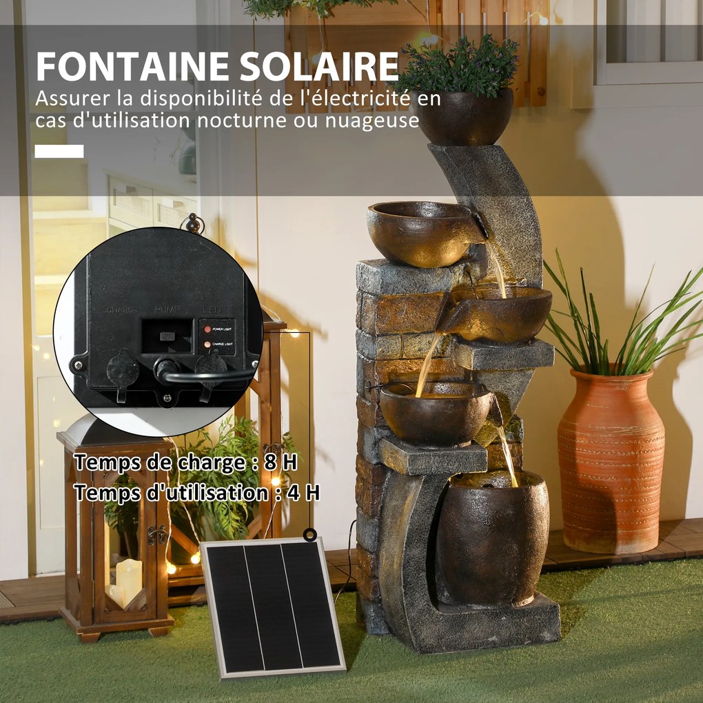 Fonte de água para exterior com 5 níveis, fonte de jardim com luzes LED, painel solar e bomba, em resina cinzenta e castanha