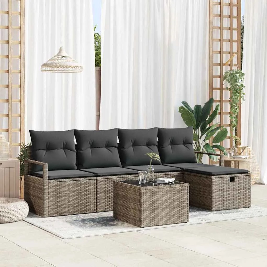 Conjunto de Sofá para Jardim de 6 Peças com Almofadas Cinza Rattan Pol