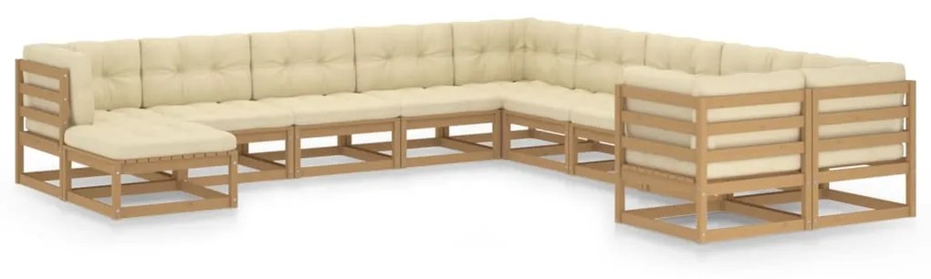vidaXL 11 pcs conj. lounge jardim almofadões pinho maciço castanho mel