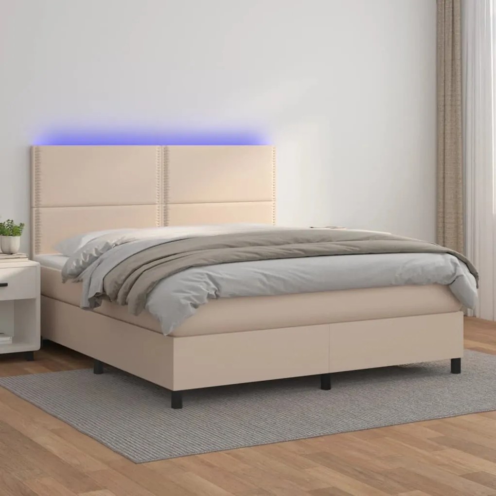 Cama box spring c/colchão/LED 160x200cm couro artif. cappuccino