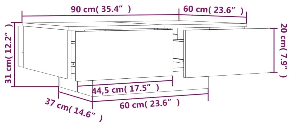 Mesa de centro 90x60x31 cm derivados de madeira cinzento sonoma