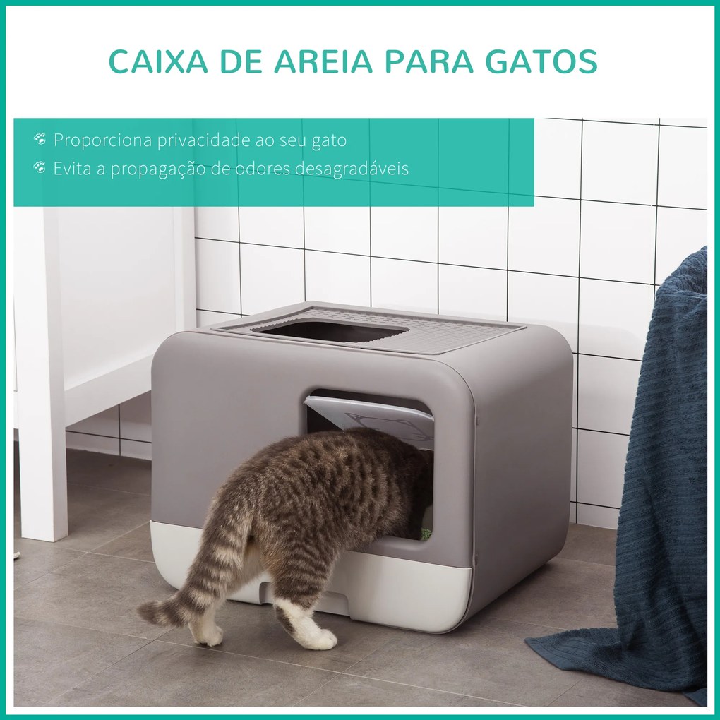 PawHut Caixa de Areia para Gatos Caixa de Areia Fechada para Gatos com Entrada Dianteira e Saída Superior Bandeja Removível e Pá 53x40x40cm Roxo Acinzentado