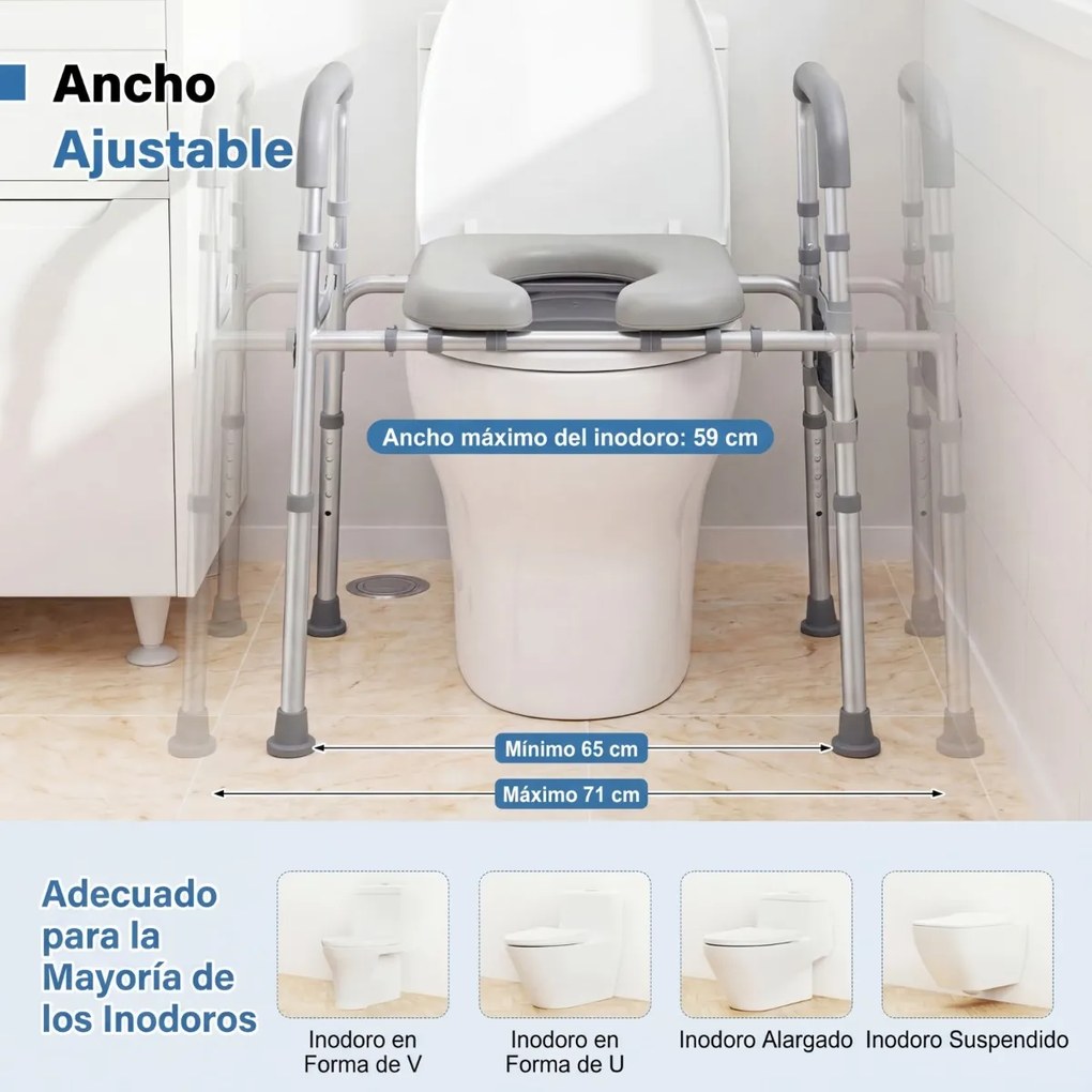 Assento elevatório para sanita para idosos e grávidas, com altura e largura ajustáveis, apoios de braços almofadados e bolso, estrutura em alumínio Pr