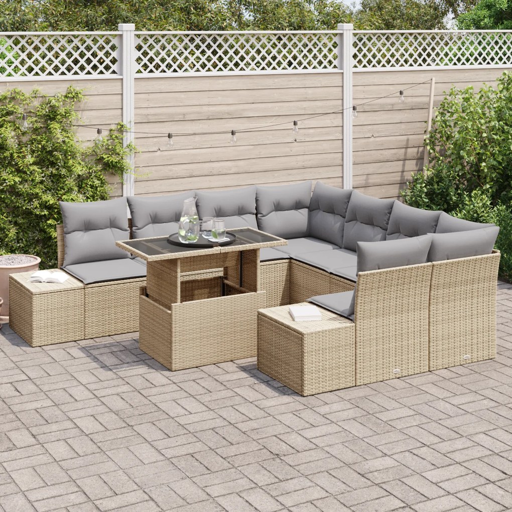 Conjunto de Sofá de Jardim 9 Peças com Almofadas Bege em Rattan Sintét