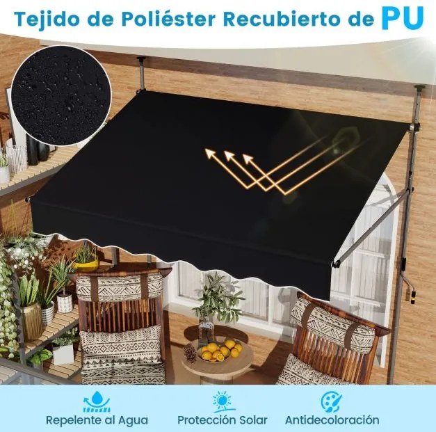 Toldo retrátil manual 2 m x 3 m Toldo exterior com altura ajustável Manivela e sem perfuração para janela Porta Terraço Preto