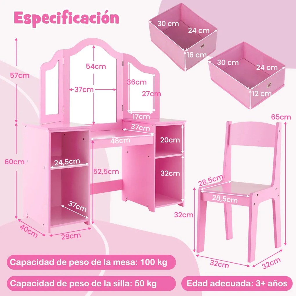 Conjunto 2 em 1 Toucador e Cadeira de Maquiagem para Crianças a partir de 3 anos com 3 Espelhos Removíveis e 4 Compartimentos de Armazenamento Rosa