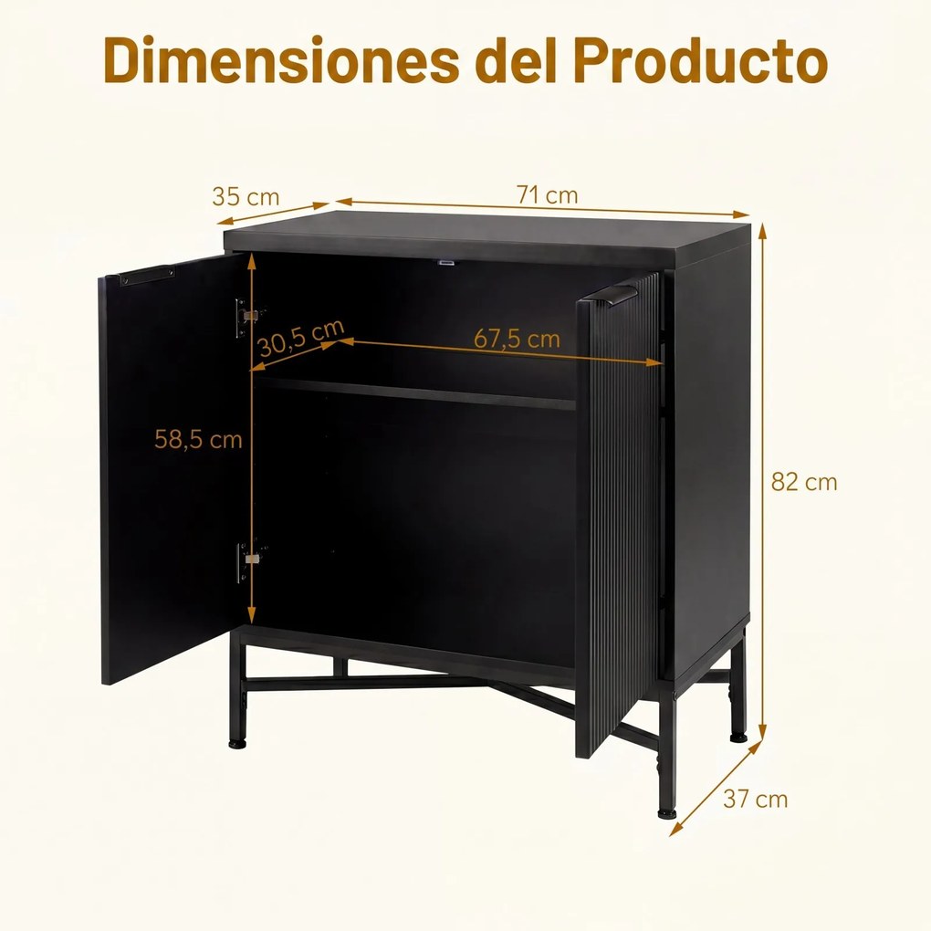 Aparador de 2 Portas, 71 x 35 x 82 cm, Prateleira Ajustável em 5 Níveis, Preto