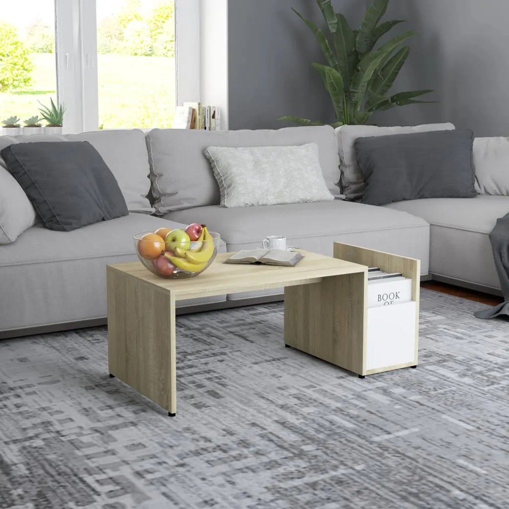 vidaXL Mesa centro 90x45x35 cm contraplacado branco e carvalho sonoma