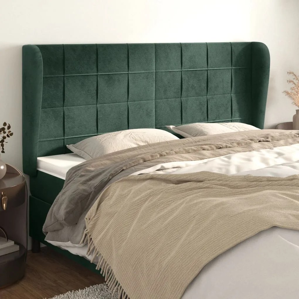 Cabeceira cama c/ abas veludo 163x23x118/128 cm verde-escuro