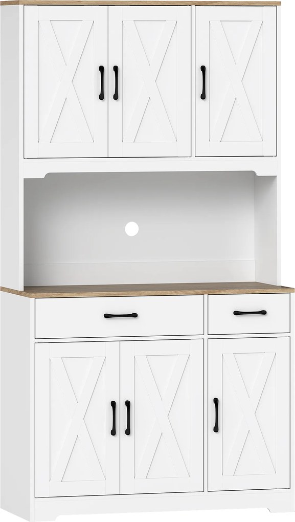 HOMCOM Armário Alto de Cozinha Móvel Auxiliar de Cozinha com Bancada Aberta para Micro-Ondas 2 Gavetas 94x39,5x175,2 cm Branco | Aosom Portugal