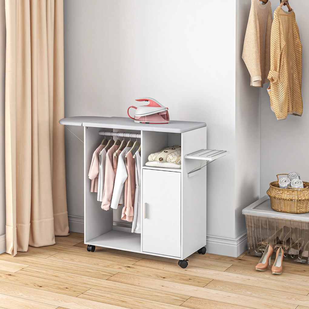 Móvel de Engomar de Madeira com Rodas Barra para Pendurar Roupa Prateleira Aberta e Tábua Dobrável 107x42,5x99 cm Branco
