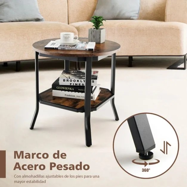 Mesa de centro redonda de 2 níveis Mesa de apoio de sofá industrial multiusos para sala de estar 50 x 50 x 49,5 cm Castanho