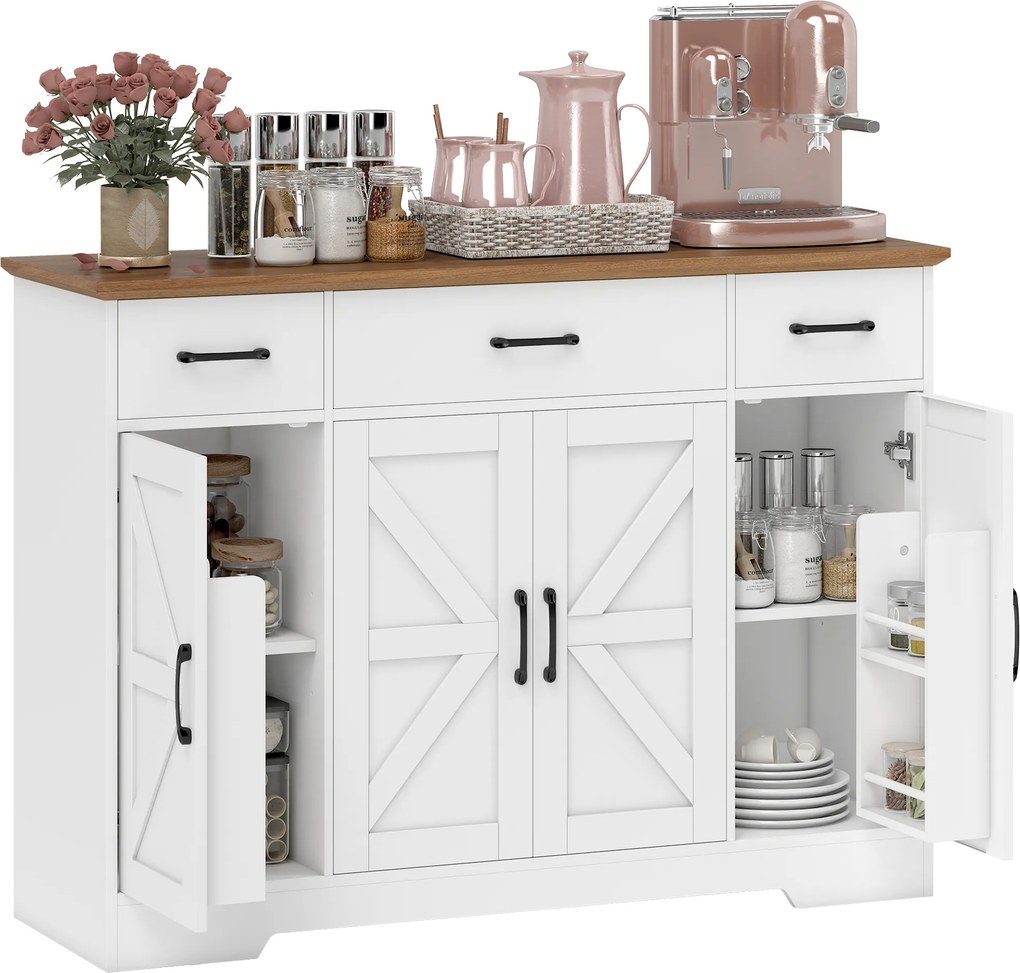 Aparador de Cozinha Rústico 4 Prateleiras de Porta Prateleiras Ajustáveis 3 Gavetas 120x38x87 cm Branco e Cor Nogueira