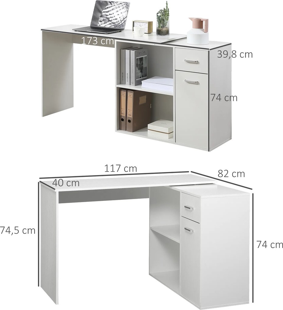 Secretária de Computador de Canto, 117 x 82 x 74 cm, Rotativa a 180°, Branca