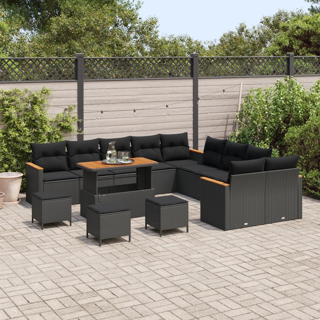 Conjunto de Sofá de Jardim com 14 Peças com Almofadas Preto Rattan Pol