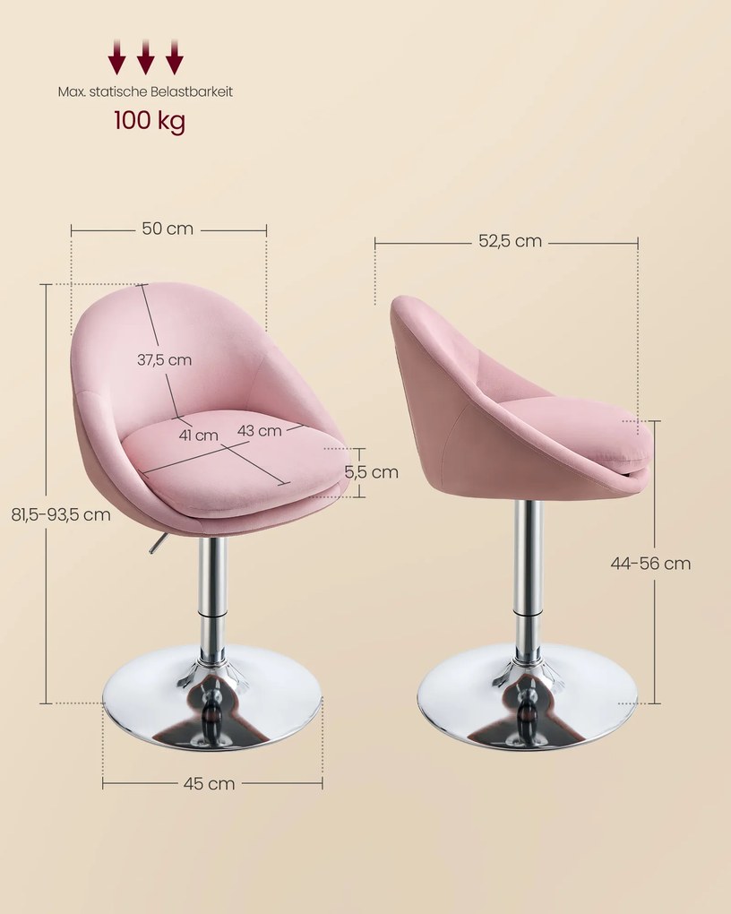 Cadeira toucador regulável com encosto e base cor-de-rosa pastel