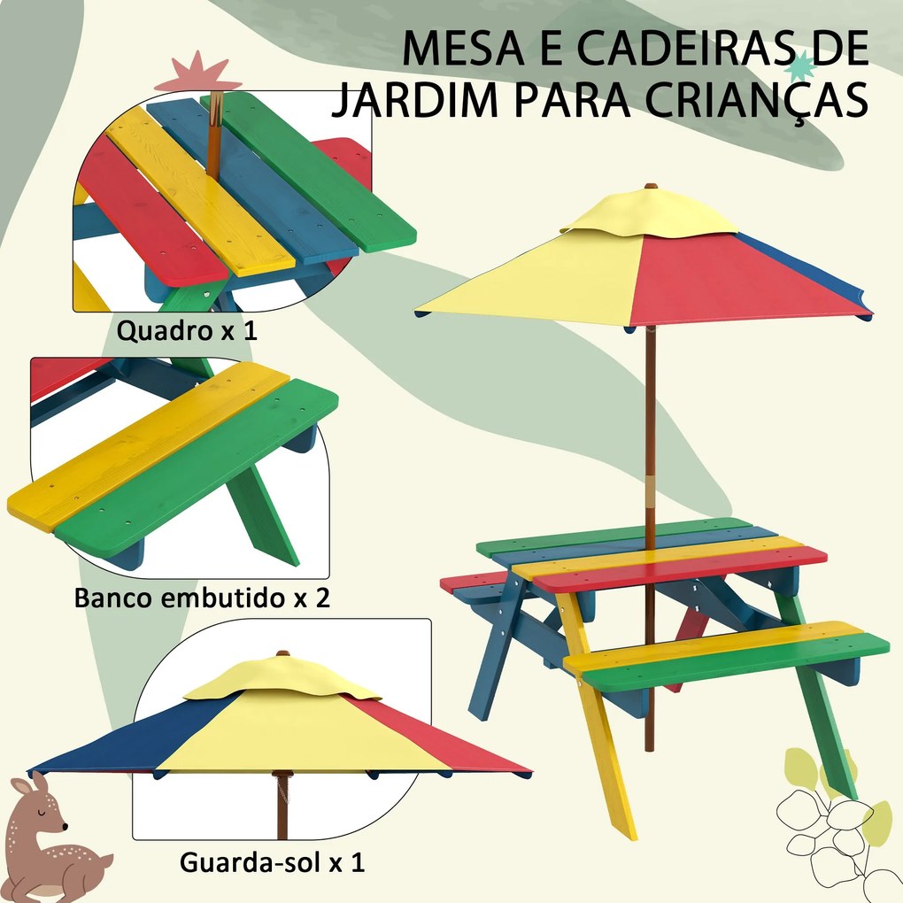 Mesa de Piquenique para Crianças em Madeira com 2 Bancos e Chapéu de S