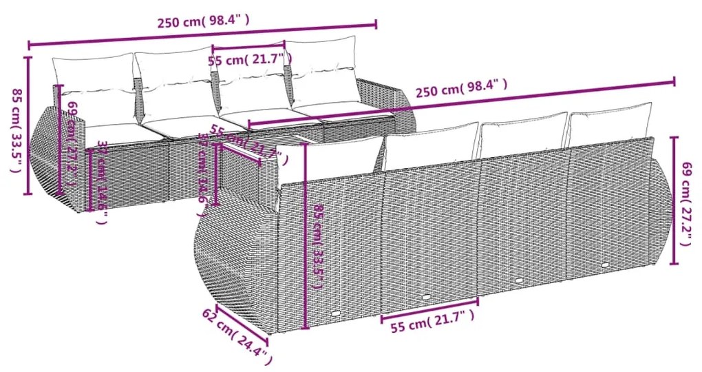 9 pcs conjunto de sofás p/ jardim com almofadões vime PE bege