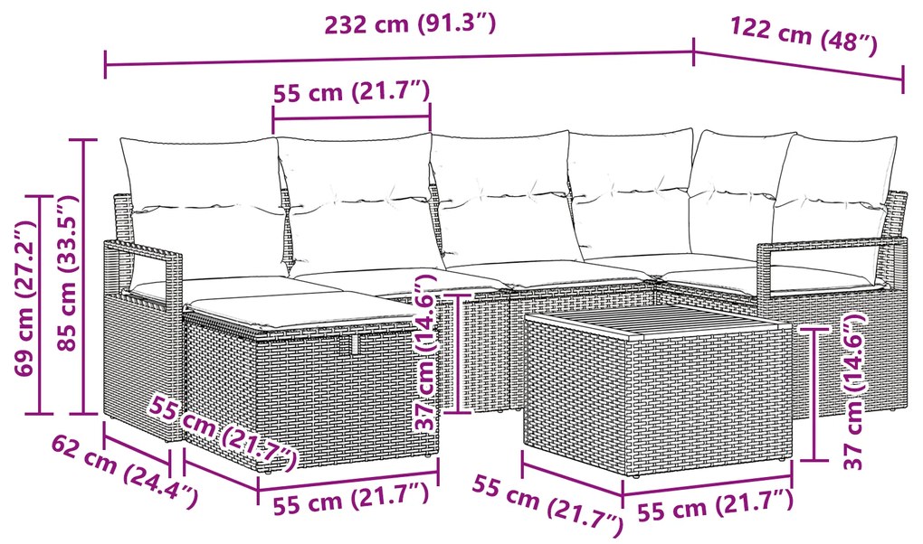 Conjunto de Sofás de Jardim de 7 Peças com Almofadas Bege Rattan de Po