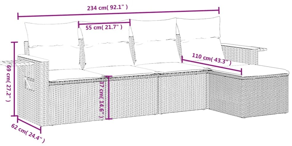 5 pcs conjunto sofás de jardim c/ almofadões vime PE cinzento