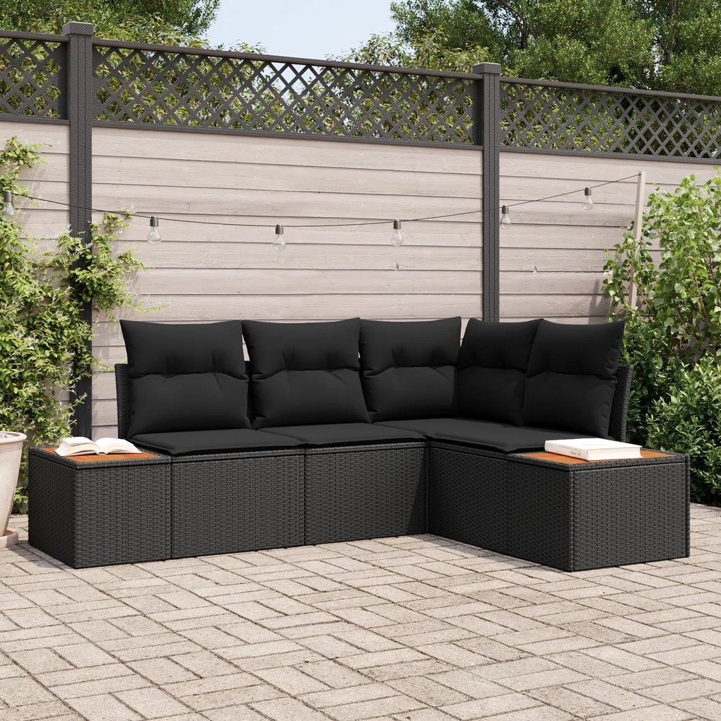 Conjunto de Sofás de 4 Peças para Jardim com Almofadas Preto Rattan Po