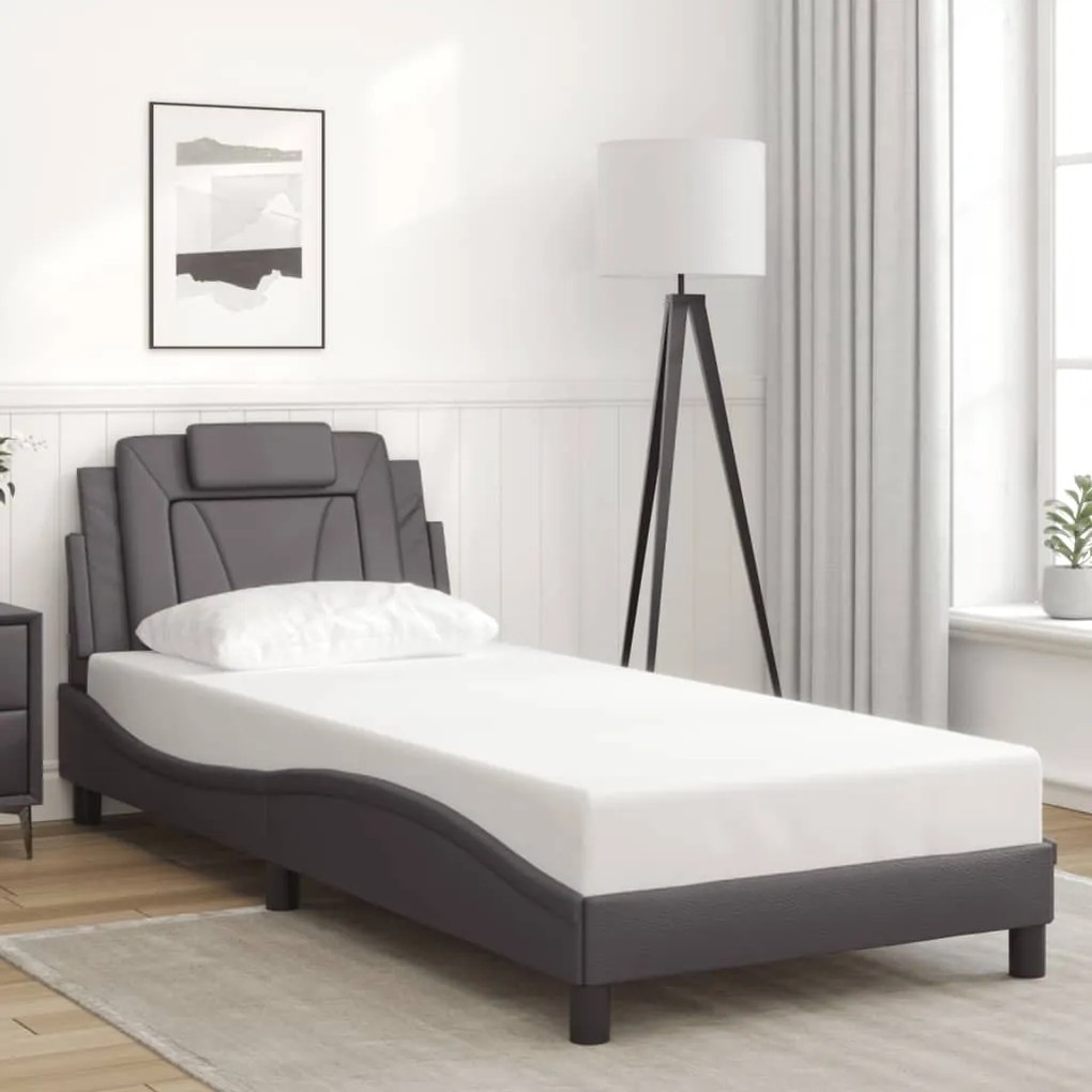 Estrutura cama c/ luzes LED 90x190 cm couro artificial cinzento
