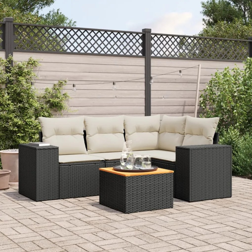 5 pcs conjunto sofás de jardim com almofadões vime PE preto