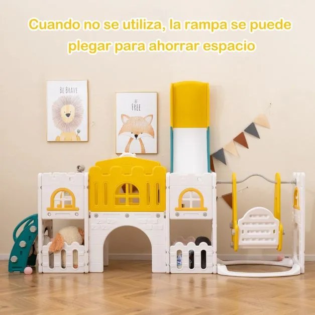 Conjunto de baloiço e escorrega 10 em 1 para crianças com cesto de basquetebol telescópico e corredor infantil Verde + Amarelo