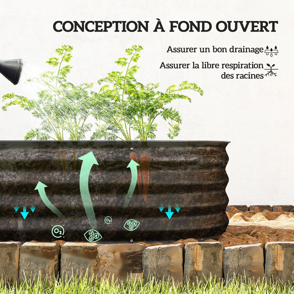 Floreira elevada quadrada para horta, em aço, modular, para legumes, plantas e flores, dim. 150 x 62 x 30 cm, preto