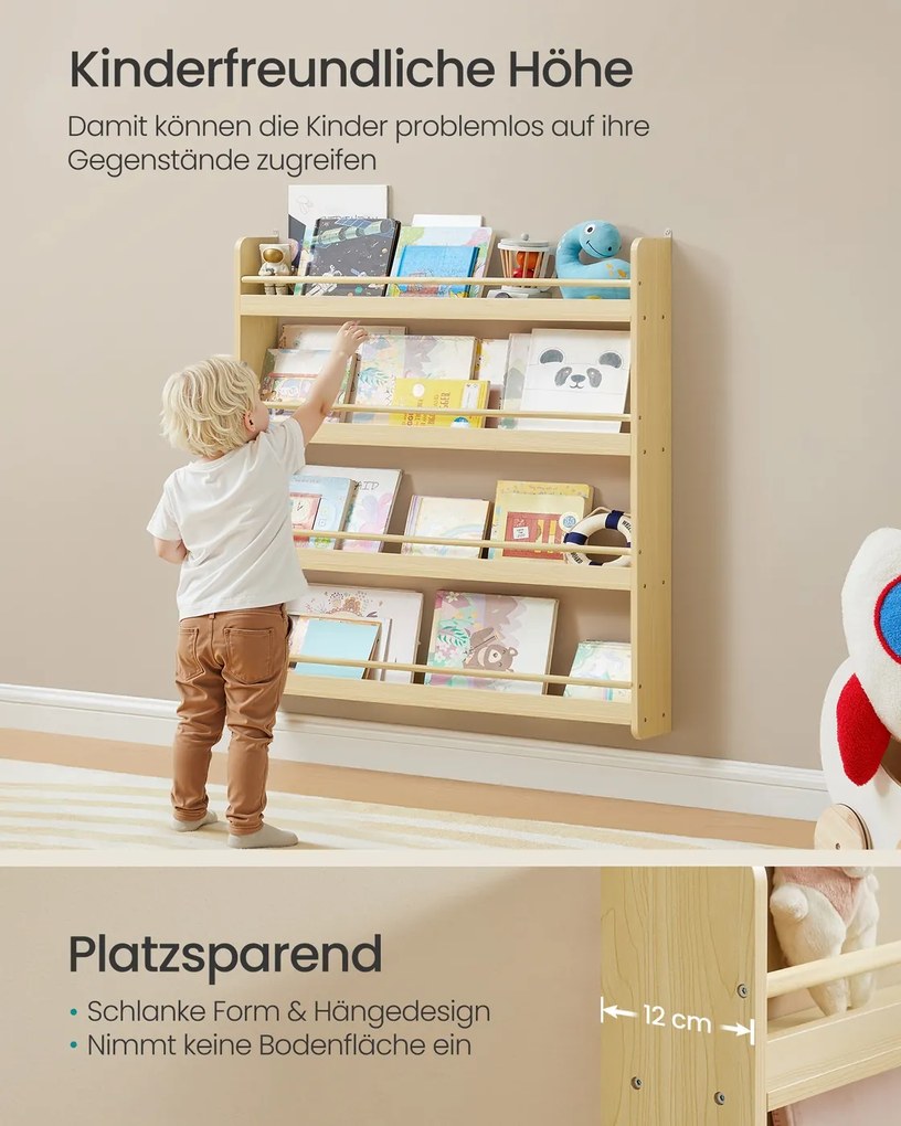 Estante infantil 12 x 80 x 100 cm com 4 níveis para quartos infantis e salas de jogos em cor natural