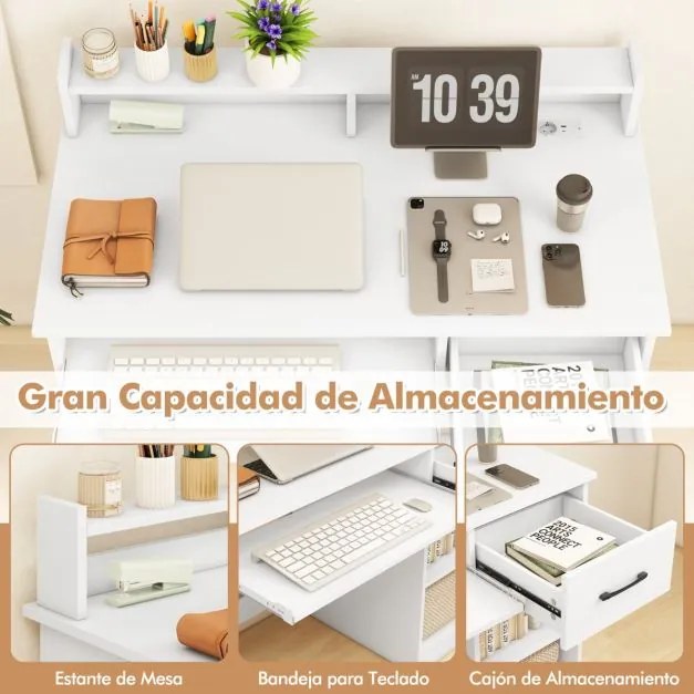 Secretária para computador 105 x 55 x 89 cm com tomadas elétricas, bandeja para teclado, gaveta e prateleira para escritório, casa ou estúdio, branca