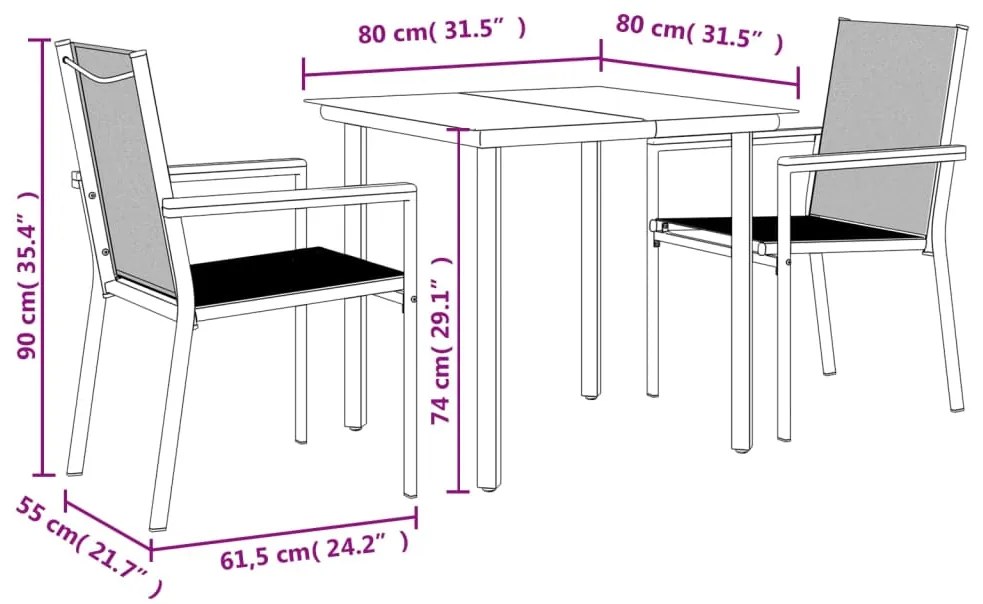 3 pcs conjunto de jantar para jardim textilene e aço preto