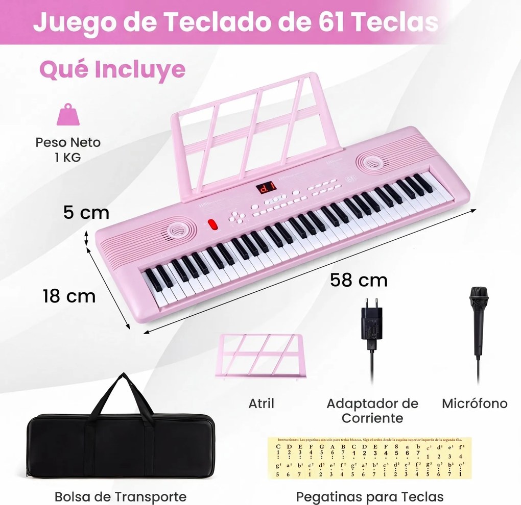 Teclado de piano portátil de 61 teclas com suporte para partituras, microfone, autocolantes de notas e bolsa – 58 x 18 x 5 cm – Rosa