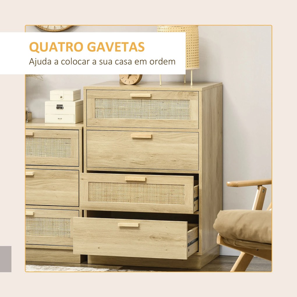 HOMCOM Cómoda com 4 Gavetas de Vime Cómoda de Madeira para Dormitório Sala de Estar Estilo Boêmio 60x38x88,5 cm Madeira
