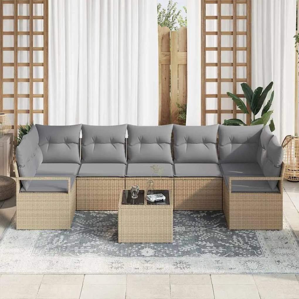 Conjunto de Sofá de Jardim com 8 Peças e Almofadas Bege em Rattan