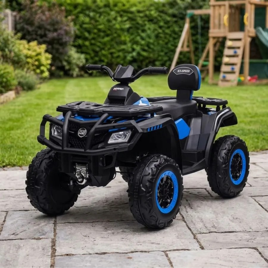 Moto 4 elétrica para crianças até 6 anos bateria de lítio de 24 volts, 4x4, pneus de borracha, banco em pele Azul