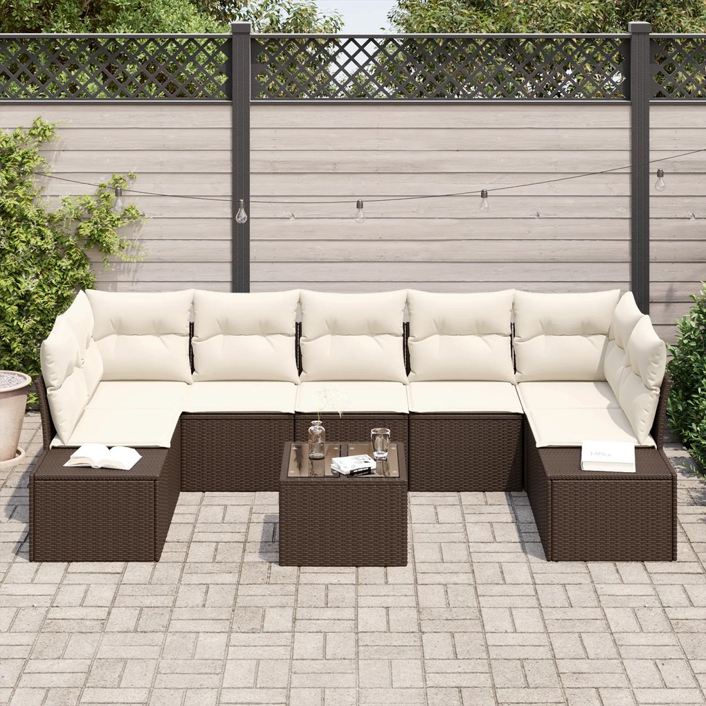 Conjunto de Sofá de Jardim com 8 Peças e Almofadas Castanho em Rattan