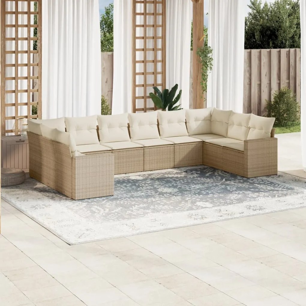 10 pcs conjunto de sofás p/ jardim com almofadões vime PE bege
