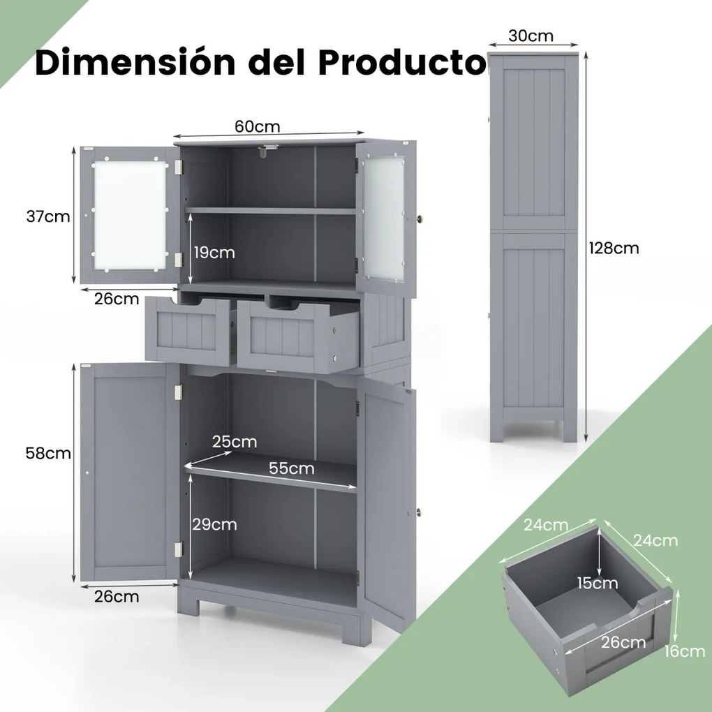 Armário de armazenamento com 4 portas Armário de casa de banho ou Cozinha sala de estar independente 2 gavetas prateleira 60 x 30 x 128 cm cinza