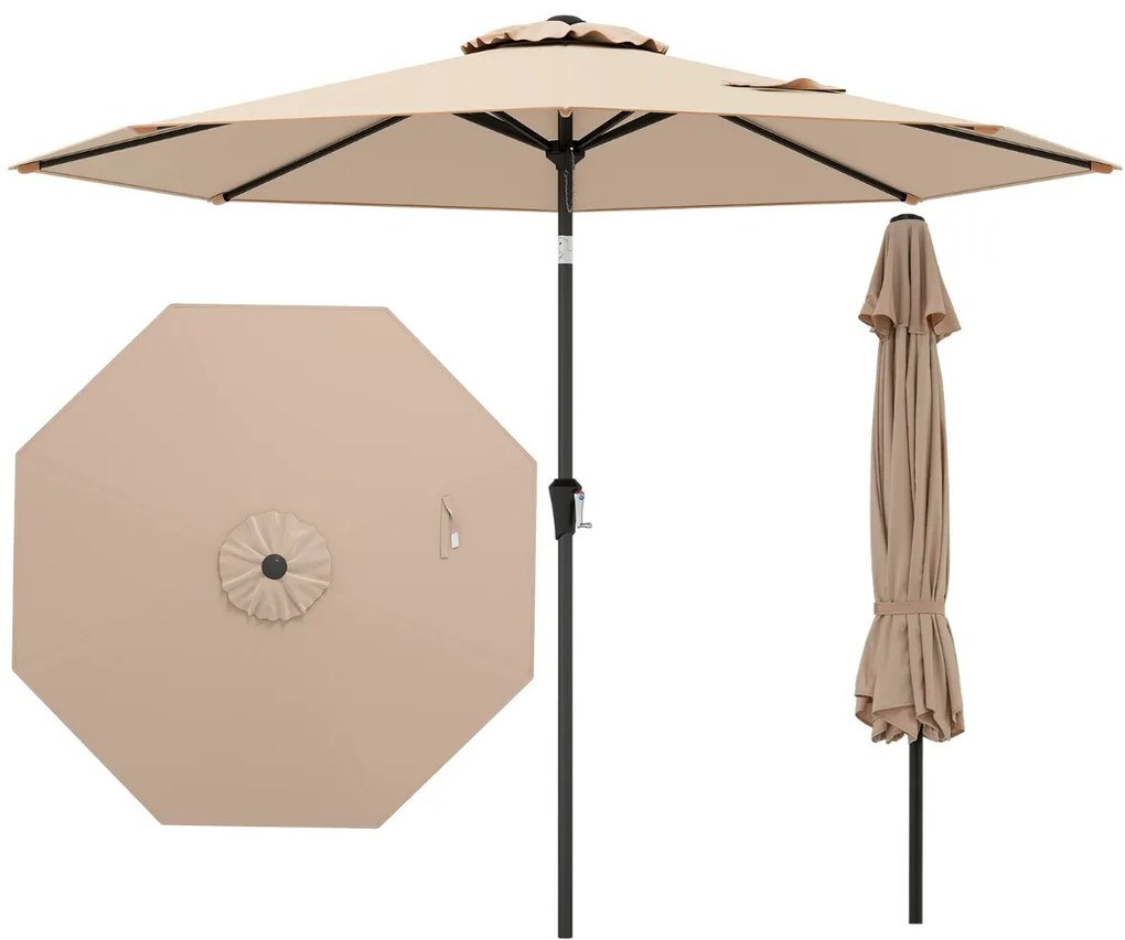 Guarda-sol jardim de 270 cm com 8 varas robustas, toldo ventilado resistente com inclinação por botão Castanho