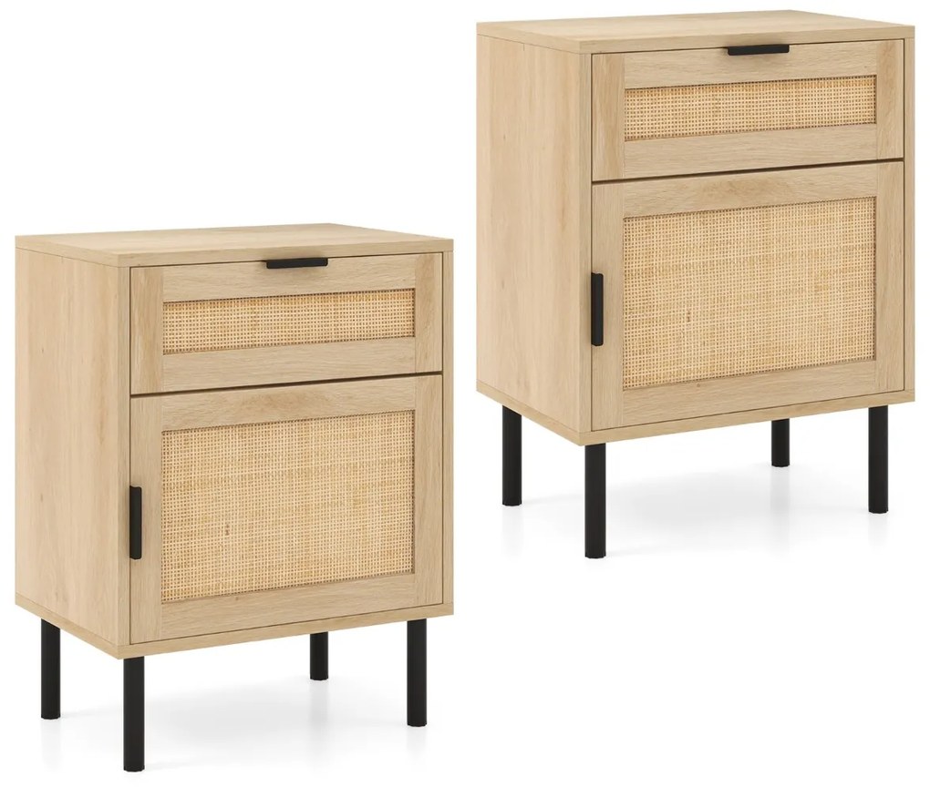 Conjunto de 2 mesas de cabeceira em rattan com gaveta e armário, pés metálicos, estilo moderno, 45 x 30 x 59 cm Natural
