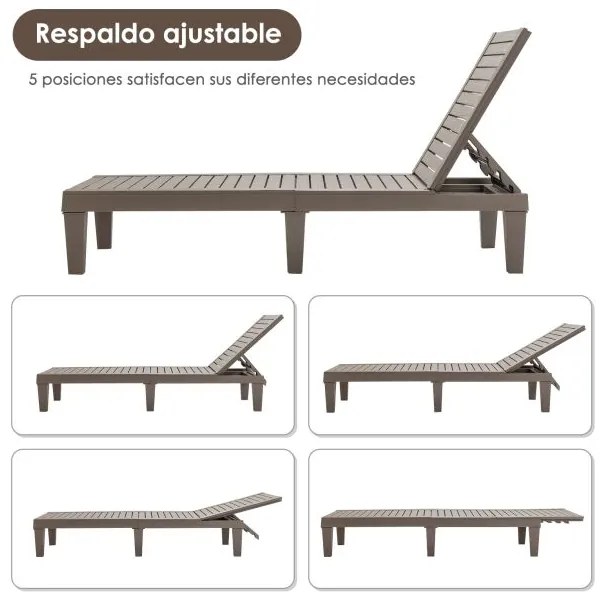 Espreguiçadeira de jardim para exterior com encosto ajustável em 5 posições para varanda Praia Piscina 190 x 57,5 x 29 cm Castanha