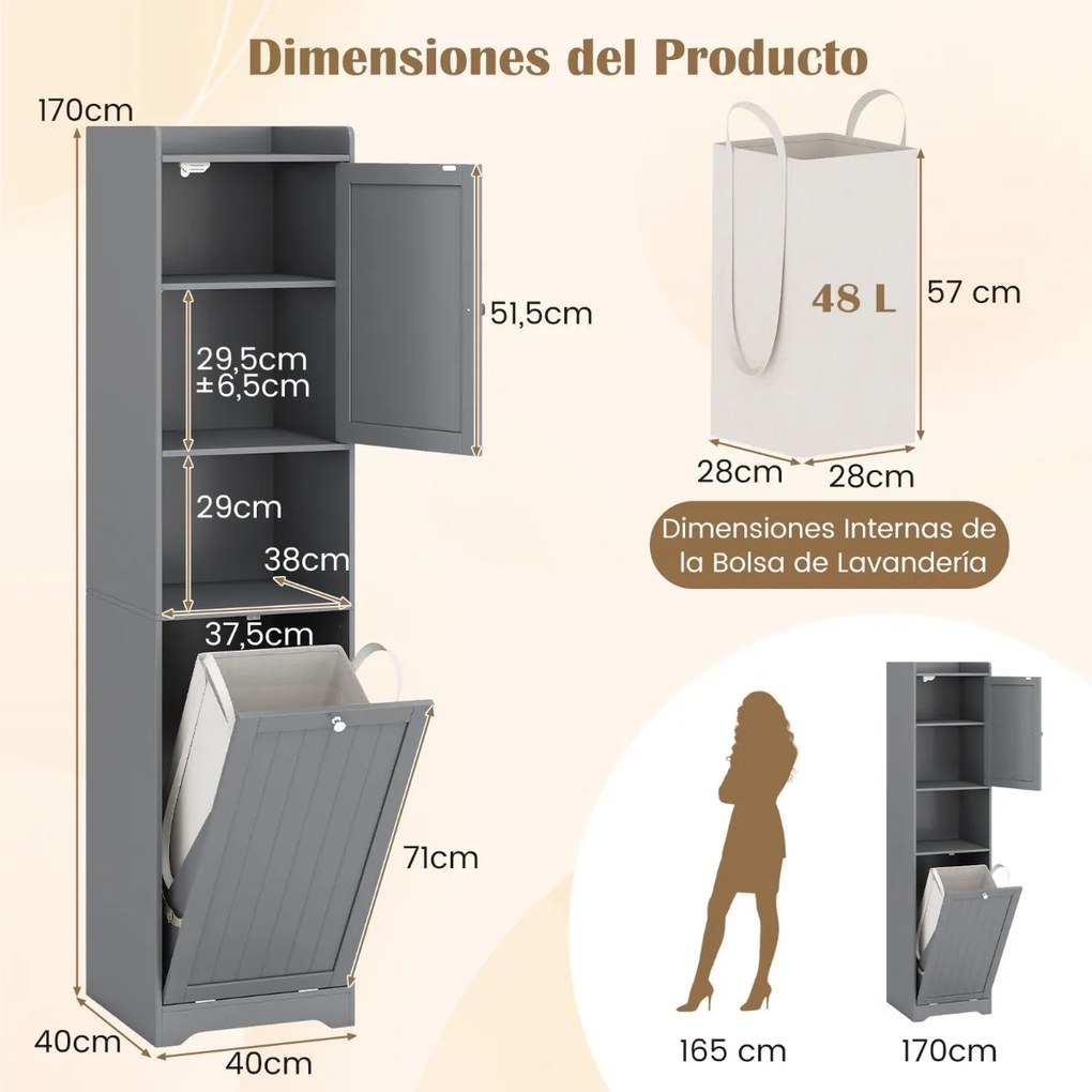 Armário de banho com prateleira ajustável e saco de roupa suja com alças longas e curtas para banheiro 40 x 40 x 170 cm cinza