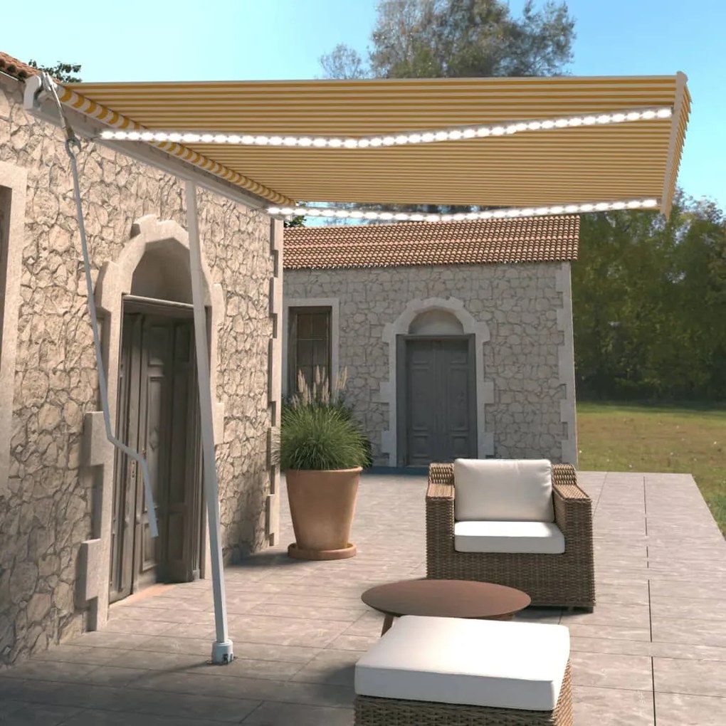 vidaXL Toldo automático LED e sensor de vento 300x250cm amarelo/branco