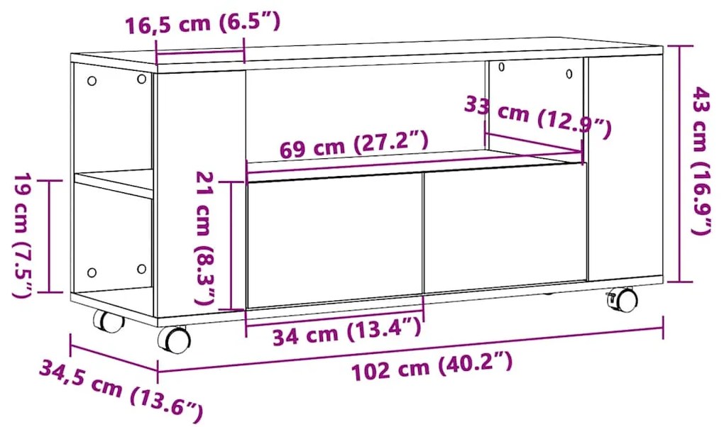 Móvel de TV c/ rodas 102x34,5x43cm deriv. madeira madeira velha