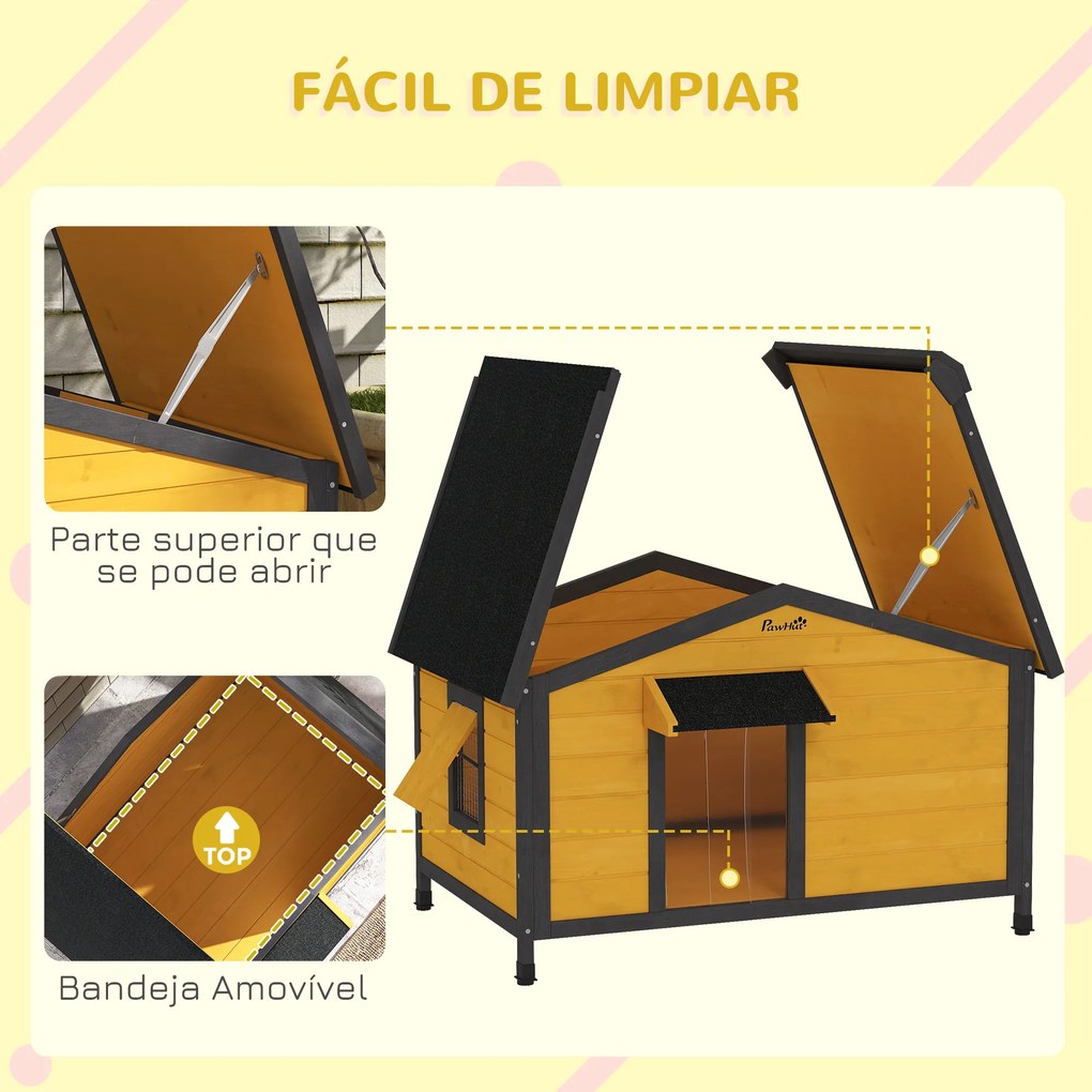 Casota para Cães de Madeira Casa para Animais de Estimação com Teto Asfáltico 2 Janelas Porta com Cortina 97x72x65 cm Madeira