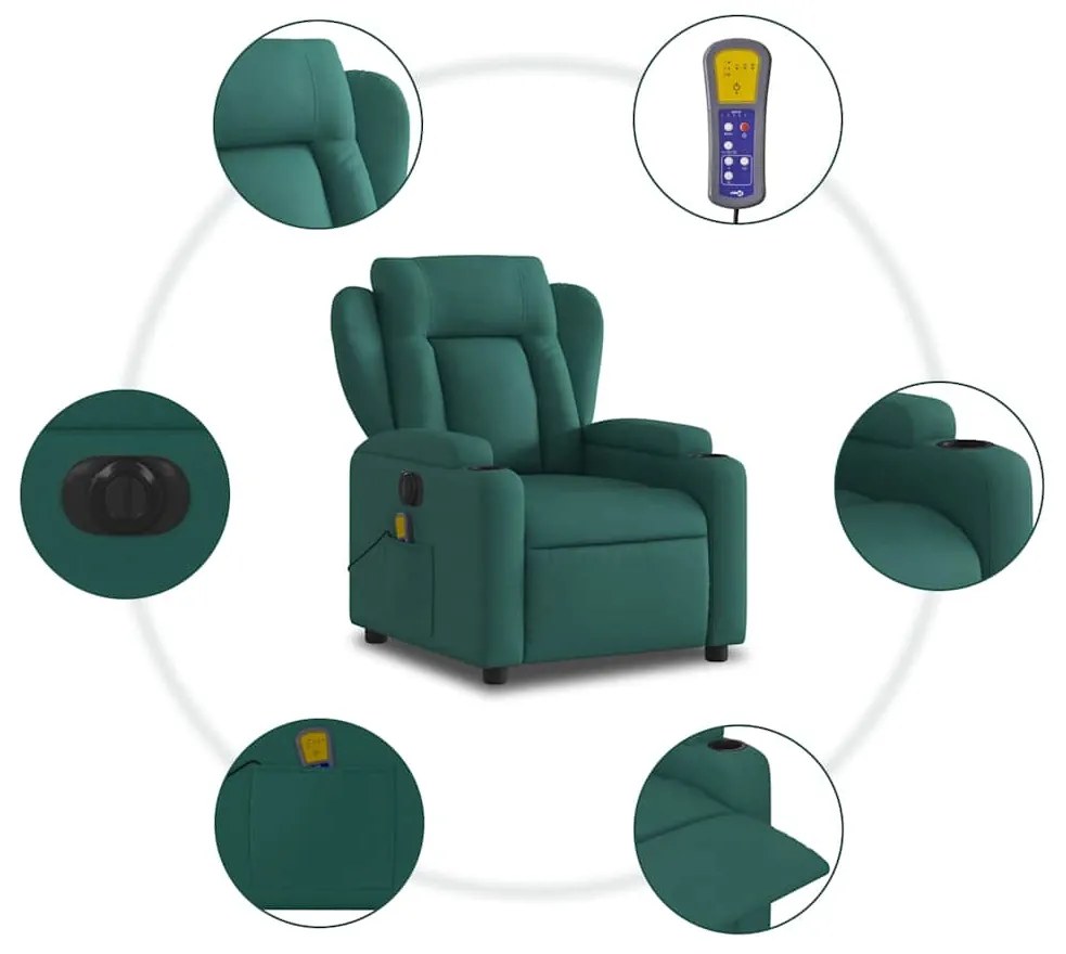 Poltrona reclinável de massagens elétrica tecido verde-escuro