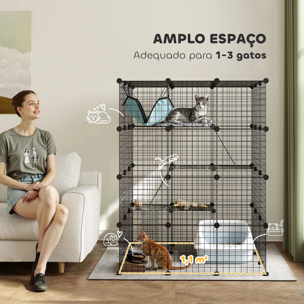 Gaiola Grande para Gatos de Interior 105x105x140 cm com 4 Níveis 5 Portas 3 Plataformas de Salto 3 Rampas e Rede Caixa areia não incluida Preto